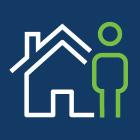 Stick figure person standing next to house on dark blue background.